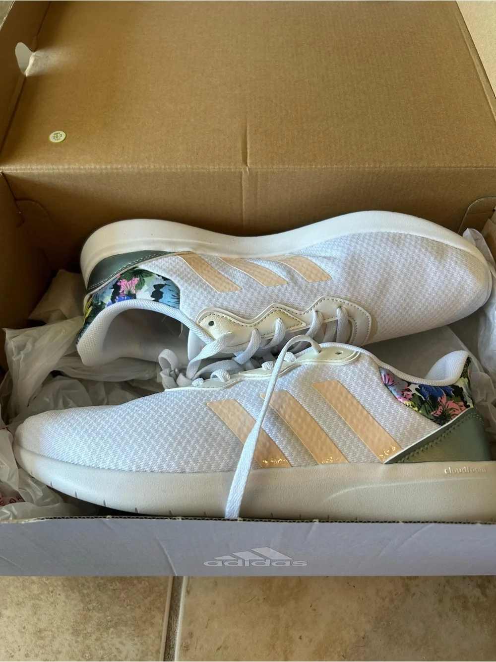 adidas Women’s White Sneakers with Pink Stripes & Floral Heel
